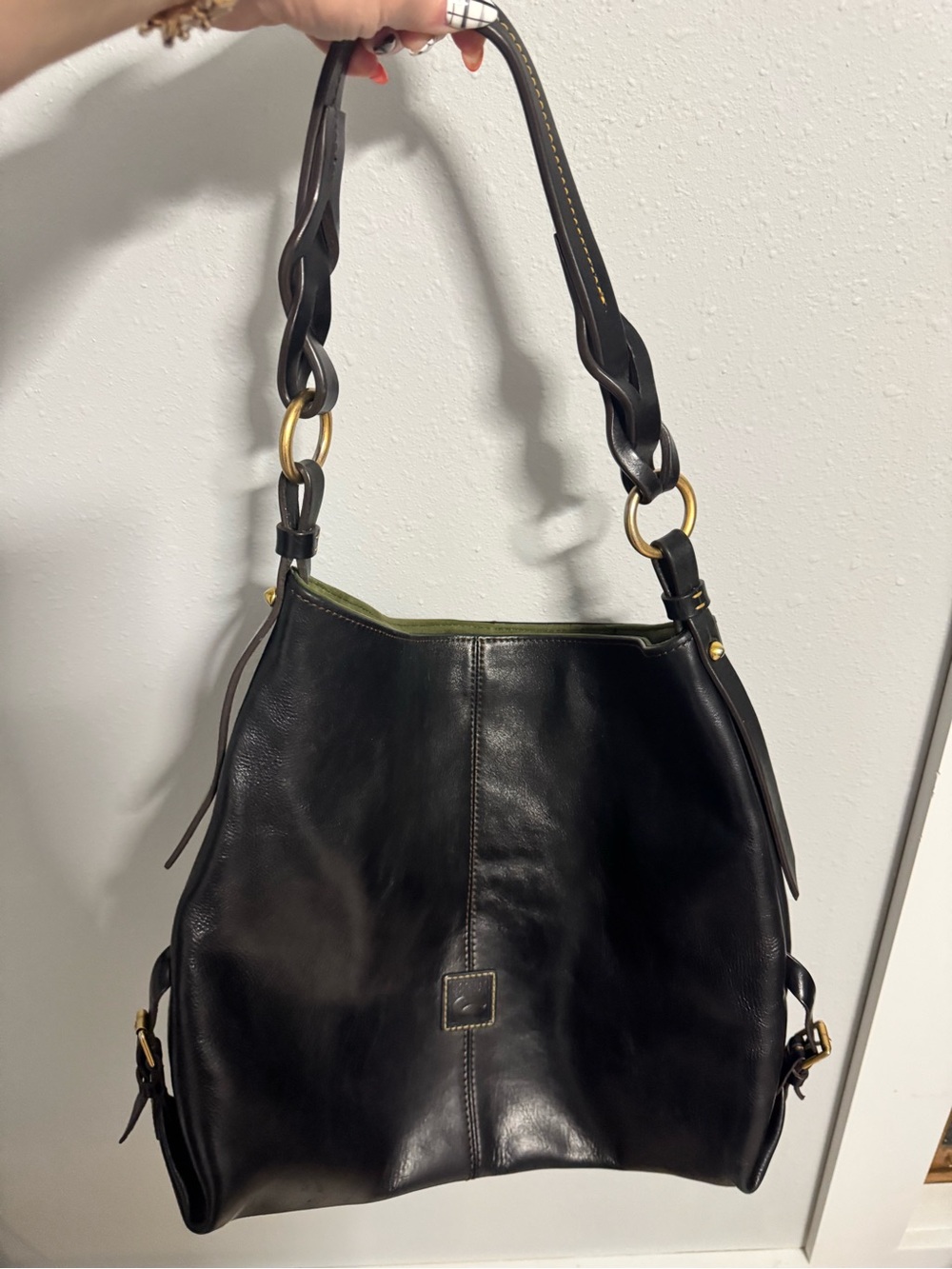 Dooney & Bourke Black Leather Braided-Handle Hobo Bag with Gold Hardware